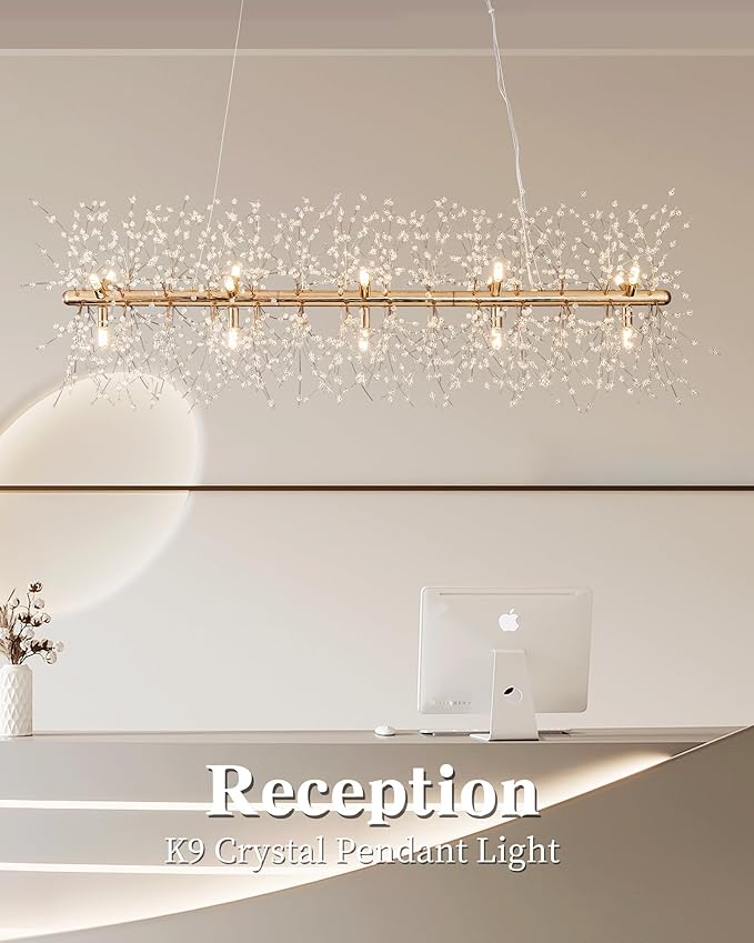 Modern 47.2" Modern Gold Crystal Firework Chandelier, 15-Light Pendant Light Fixture, Rectangle Linear Sputnik Dandelion Chandeliers for Dining Room Kitchen Living Room