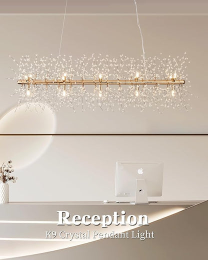 Modern 47.2" Modern Gold Crystal Firework Chandelier, 15-Light Pendant Light Fixture, Rectangle Linear Sputnik Dandelion Chandeliers for Dining Room Kitchen Living Room
