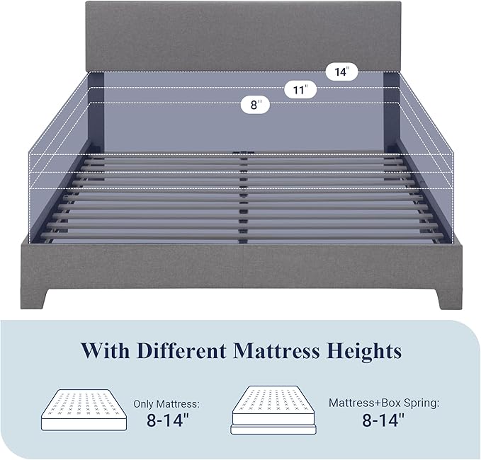 Allewie Full Size Bed Frame with Adjustable Headboard, Upholstered Platform Bed with Wood Slats, Heavy Duty Mattress Foundation, No Box Spring Needed, Noise-Free, Easy Assembly, Light Grey