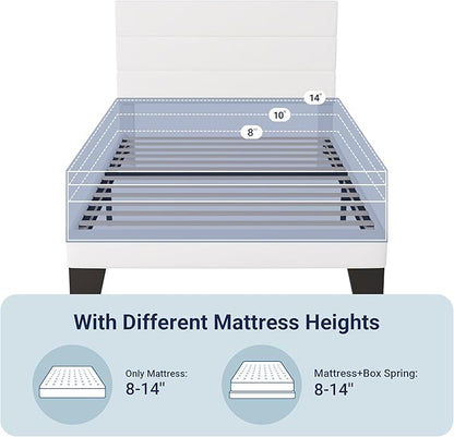 Allewie Twin Size Platform Bed Frame with Velvet Upholstered Headboard and Wooden Slats Support, Fully Upholstered Mattress Foundation/No Box Spring Needed/Easy Assembly, White