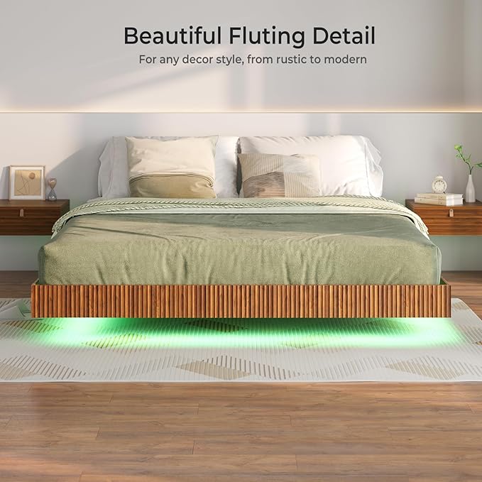 Tatub Walnut King Floating Bed Frame with LED Lights, Fluted Mid Century Modern Floating Platform Bed with Heavy Duty Metal Slats, No Box Spring Needed