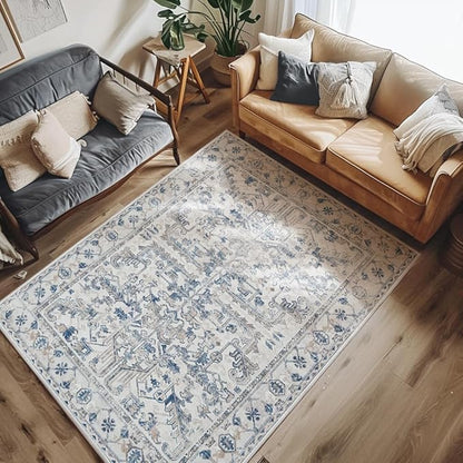 jinchan Vintage Floral Washable Area Rug 5x7 Non-Slip Low Pile, Blue