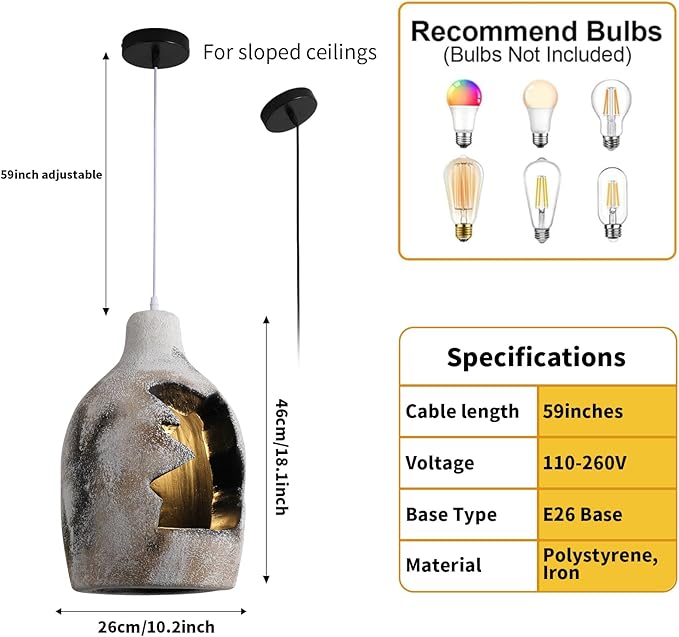 JAYMP Wabi Sabi Pendant Light for Dining Room Kitchen Island Hallway Farmhouse Hanging Lamp E26 Base Retroism Style Wine Bottle Shape Lighting Fixture (Antique White,C Shape, D26×H46cm)