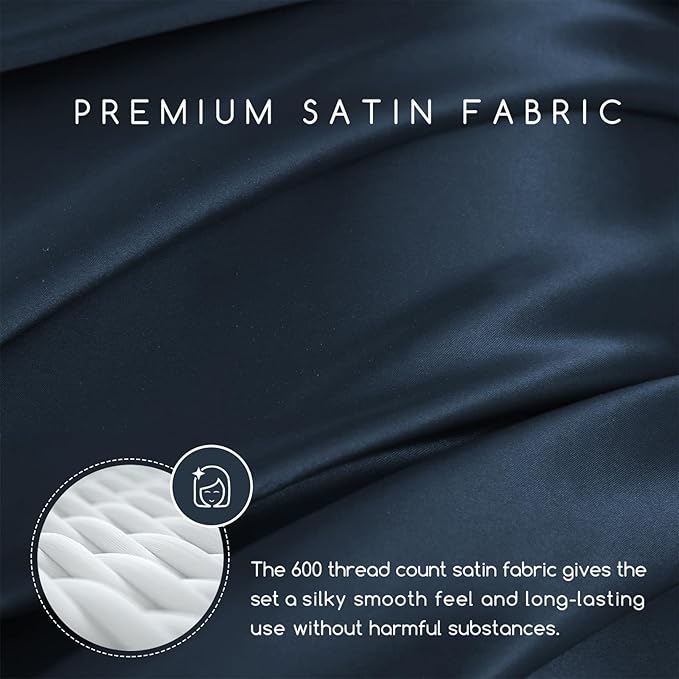 MR&HM Satin Bed Sheets with Elastic Corner Straps, Full Size Sheets Set, 4 Pcs Silky Bedding Set with 15 Inches Deep Pocket for Mattress (Full, Mood Indigo)