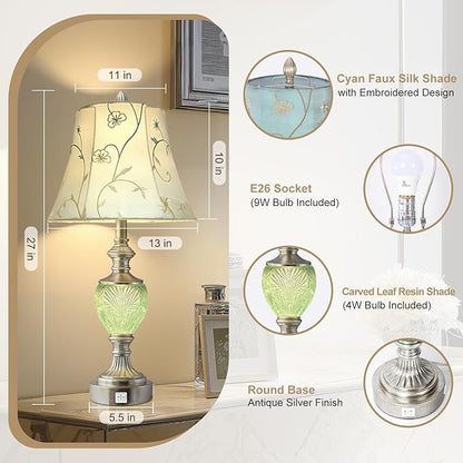 Table Lamp Set of 2 with Nightlight and USB A+C Ports, 27'' High Vintage Table Lamps with Silver Leaf Finish and Embroidered Shade, Nightstand Lamps Decor for Bedroom Living Room Home Office