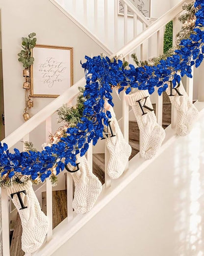 3 Pcs 6FT Christmas Garland Blue Glittered Artificial Holly Leaves for Mantle Christmas Tree Decorations Indoor Outdoor Hanging Garland Ornaments Garden Door Wall Window Stair Holiday Home Decor