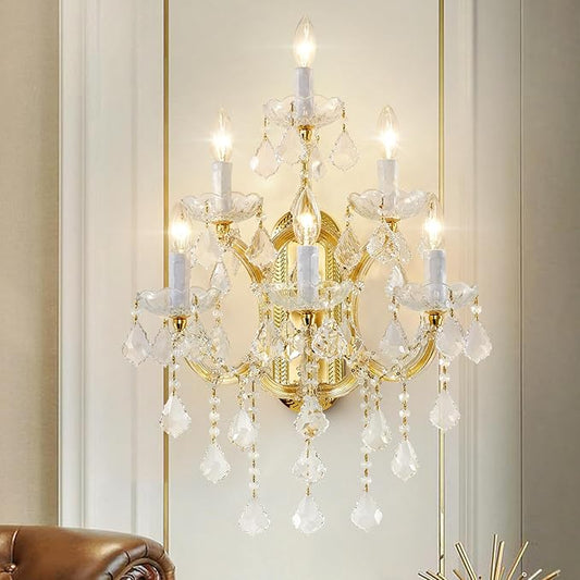 Modern Crystal Wall Sconce Lights- 6 Light Maria Theresa Crystal Wall Sconces Lighting Gold Wall Lamp Chandelier Light Fixtures for Living Room Wall Sconce Light Wall Mounted Lamp Indoor