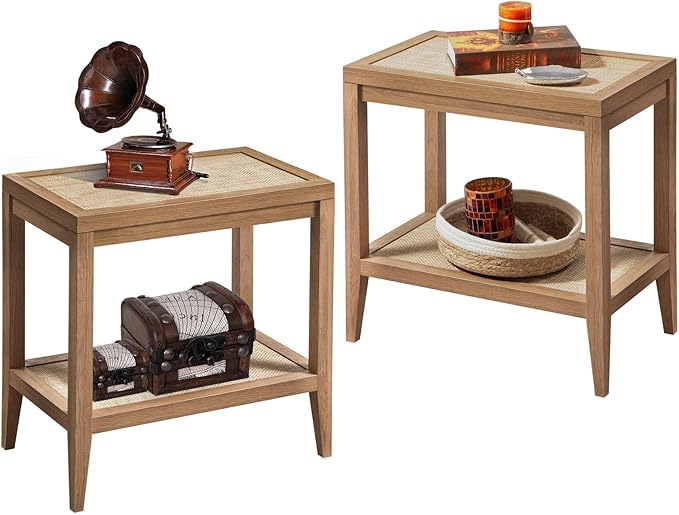 SICOTAS Rattan Nightstands Set of 2 Bedside Table Boho Narrow End Table, Reclaimed Caramel Oak