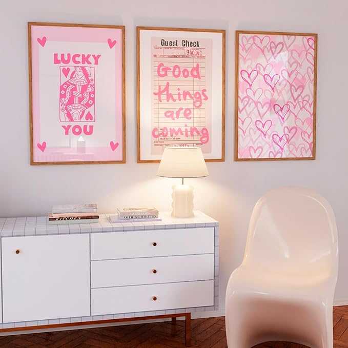 Lucky You Pink Wall Art Guest Check Preppy Wall Decor Trendy Aesthetic Canvas Wall Art Funky Poster Cute Picture Prints Inspirational Artwork for Room Bedroom 12x16 Inch Unframed Set of 3