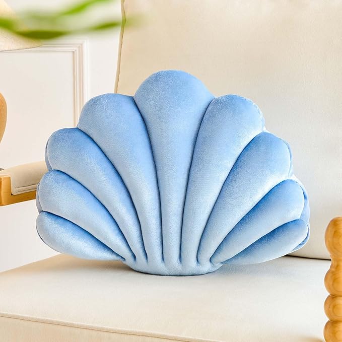 Dusty Blue Seashell Throw Pillows, Shell Shaped Throw Pillows, 18 Inch Soft Velvet Home Decorative Pillow Plush Cushion for Bed Couch Living Room Decor Accent Throw Pillow