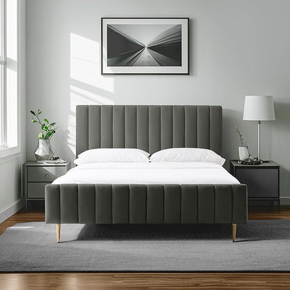Livinia Queen Size Elton Velvet Platform Bed, Upholstered Bed Frame with Vertical Channel Tufted Headboard Footboard, Strong Wood Slats, No Box Spring Needed, Gray (Queen)