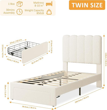 GarveeHome Twin Bed Frame with Under-Bed Drawer, Upholstered Platform Bed with Wave Headboard for Kids/Girls, Wooden Slats Support, No Box Spring Needed, Boucle Beige