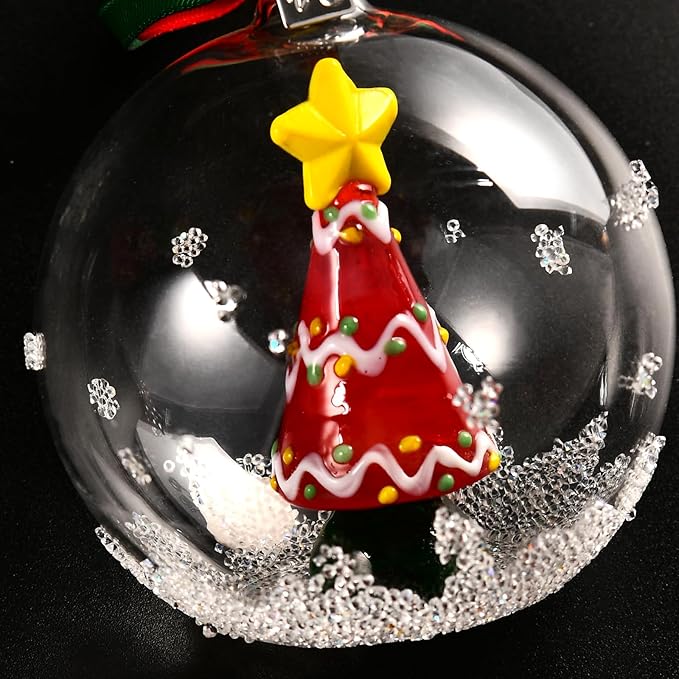2025 Crystal Clear Glass Ball Christmas Ornament, Modern Tree Decoration with Red Ribbon (Christmas Tree)