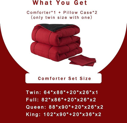 DOWNCOOL Twin Comforter Set -All Season Bedding Comforters Sets with 1 Pillow Case -2 Pieces Bed Set Down Alternative Comforter Set -Red/Black Twin Bedding Sets(64"x88")