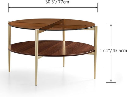 AGV LIGHTING Round Glass Coffee Table, Mid-Century Modern Coffee Table for Living Room, Glod Finish Leg, Coffee Brown Top & Walnut Wood Shelf