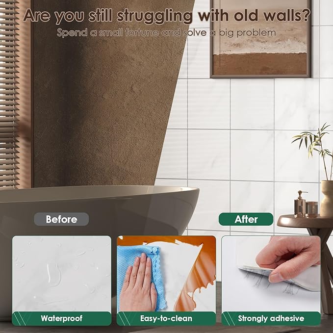 Peel and Stick Backsplash Tiles 20 Sheets 12''x12'' PVC Self Adhesive Wall Tiles Back Splash Wall Panels Stick on Backsplash for Kitchen Bathroom Laundry Room, White