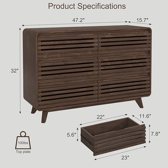 Walnut Dresser for Bedroom, Fluted 6 Drawers Dresser, Wide Chests of Drawers with Grille & Curved Design, Dressers Slides Pre-Installed, Large Wood Drawer Organizer for Bedroom Hallway