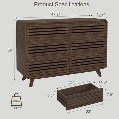 Walnut Dresser for Bedroom, Fluted 6 Drawers Dresser, Wide Chests of Drawers with Grille & Curved Design, Dressers Slides Pre-Installed, Large Wood Drawer Organizer for Bedroom Hallway