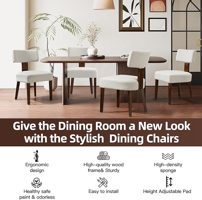Dining Chairs Set of 6, Fabric Upholstered Wood Kitchen Chairs, Armless Linen Curved Backrest Chair Farmhouse Modern Dining Chairs with Foot Pad for Kitchen/Living Room/Restaurant/Cafe-Beige