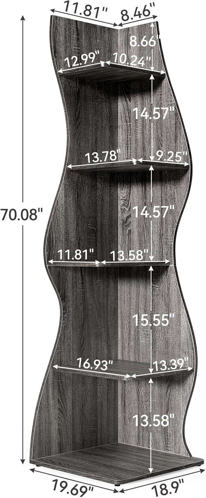 LITTLE TREE 70-Inch Corner Shelf, Seaweed Shaped Etagere Display Bookshelf, Freestanding 5-Tier Wall Shelves for Small Spaces, Living Room, Bedroom, Grey, 1 Pack