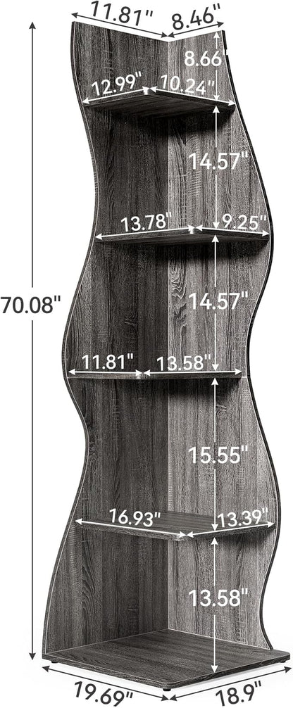 LITTLE TREE 70-Inch Corner Shelf, Seaweed Shaped Etagere Display Bookshelf, Freestanding 5-Tier Wall Shelves for Small Spaces, Living Room, Bedroom, Grey, 1 Pack