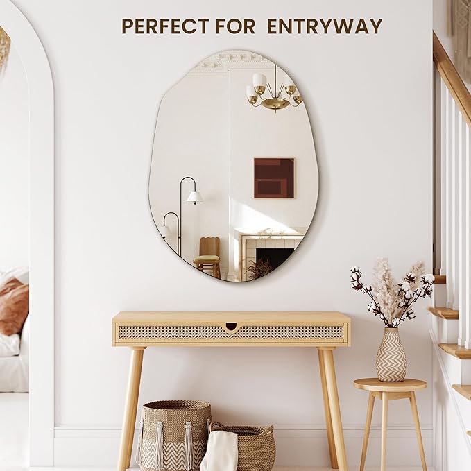 Irregular Asymmetrical Wall Mirror for Living Room Bathroom Entryway, Modern Decorative Wall Mirror Hanging (Hook Style, 24'' x 18'')