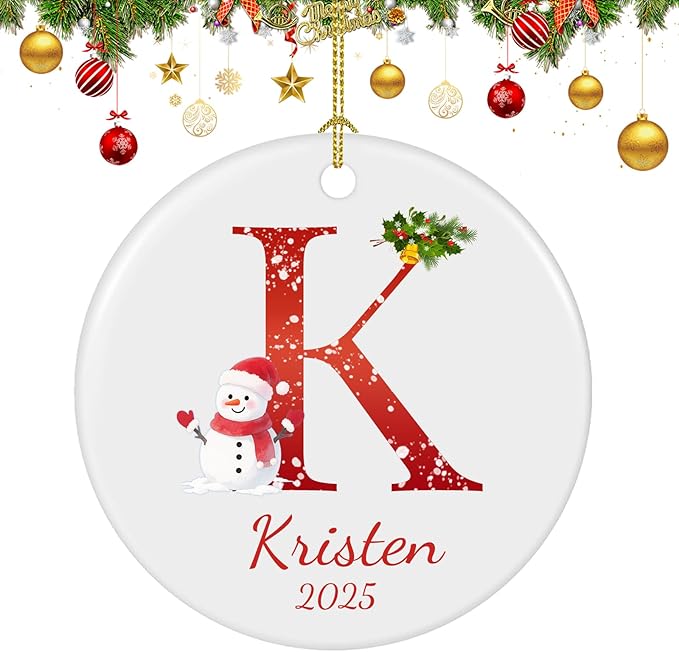 Personalized Letter Name Christmas Ornament 2025, Custom Ceramic Ornaments with Initial Name Monogram, Hanging Ornament for Xmas Tree Decorations, Gift for Family Friends