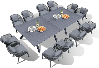 PURPLE LEAF 14 Pieces Patio Dining Table Set Wicker Outdoor Furniture Oversize Rectangular Table and Chairs Set for Garden Deck Aluminum Frame Backyard Kitchen Set, Cushions and Pillows Included Grey