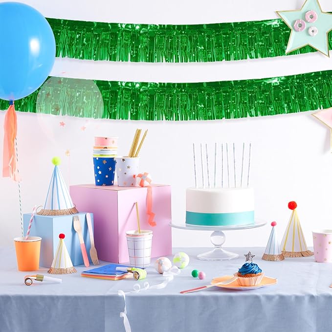 12 Pack 10 Feet Metallic Foil Fringe Garland Tinsel Streamers Banner, Green Wall Hanging Tinsel Fringe Banners for Parade Floats, Wedding, Birthday, Christmas, New Year Party Decorations