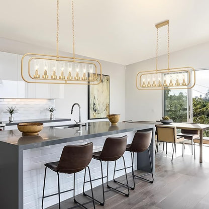 Gold Linear Dining Room Light Fixture, 8 Lights Modern Kitchen Isalnd Light, 45" Long Chandelier Farmhouse Chandeliers for Dining Room Industrial Pendant Lights with Clear Glass