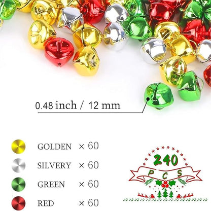 Augshy 240 Pieces Mini Jingle Bells Craft Bell Bulk for Christmas Home and Pet Decorations Xmas Decor Party Favors Supplies (Gold, Silver, Red, Green)