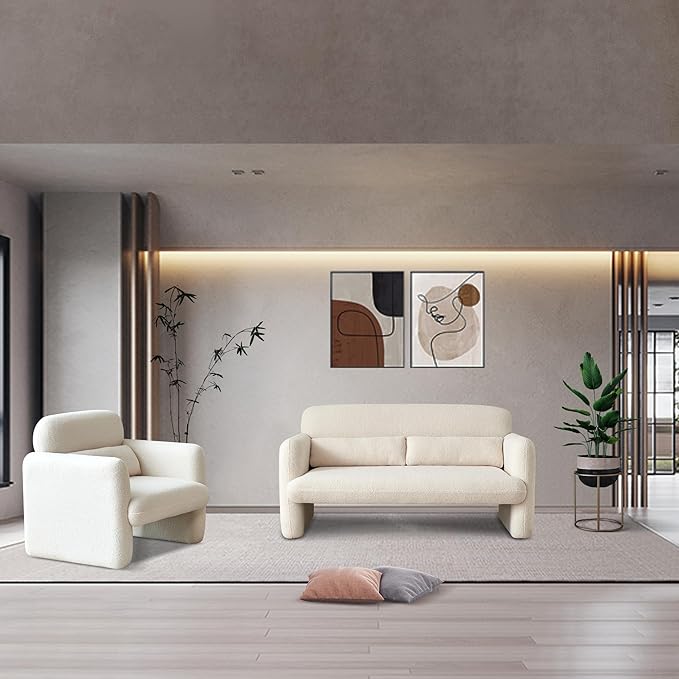 59.06'' Loveseat Sofa, 2 Seater Sherpa Fabric Love Seat Couch, Comfy Upholstered Modern Leisure Loveseat Couches with 2 Waist Pillow for Bedroom, Office, Living Room