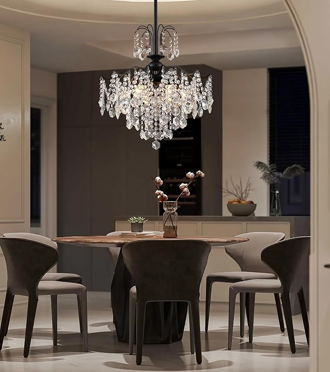 Q&S Crystal Chandelier for Dining Room,Modern Black Crystal Pendant Light,6 Lights for Kitchen Island Entryway Bathroom Office Bar UL Listed