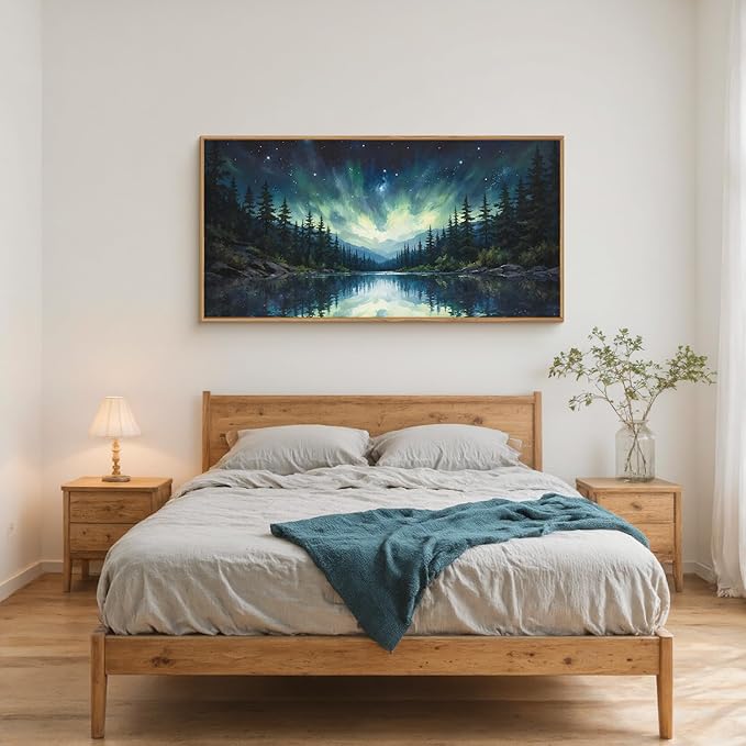 HOURIA Northern Lights Forest Lake Framed Canvas Wall Art Set,Aurora Borealis Mountain Wall Decor,Night Sky Reflective Water Artwork,Modern Wilderness Landscape Prints for Living Room,Office-20"x40"x1