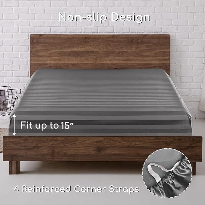 MR&HM Satin Bed Sheets, King Size Sheets Set, 4 Pcs Silky Bedding Set with 15 Inches Deep Pocket for Mattress (King, Dark Grey Striped)