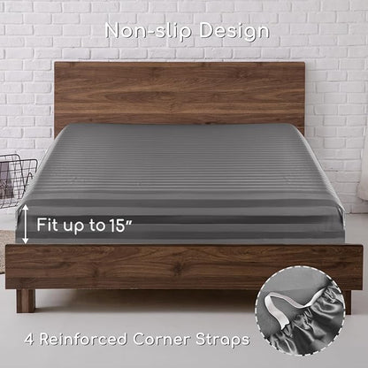 MR&HM Satin Bed Sheets, King Size Sheets Set, 4 Pcs Silky Bedding Set with 15 Inches Deep Pocket for Mattress (King, Dark Grey Striped)