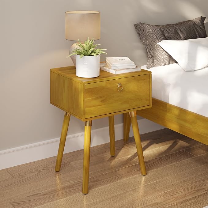 Bme Alden Wood Nightstand, Solid Wood End Table, Mid Century Modern Nightstand, Side Table with 1 Drawer, Compact for Bedroom, Living Room & Study Room, Easy Assembly, Golden Natural