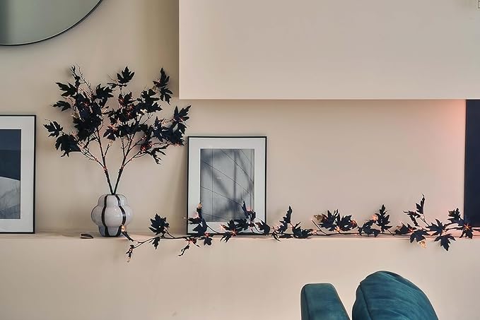 LITBLOOM Black Tree Branches with Lights 32IN Battery Operated with Timer, Lighted Halloween Maple Branches with 120 Orange and Warm White LED Lights for Fireplace Table Halloween Decoration