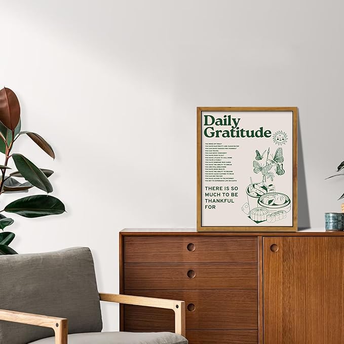 Framed Retro Poster for Room Aesthetic, Vintage Green Inspirational Quotes Canvas Wall Art, Daily Gratitude Posters for Room Aesthetic, Cute Sunflower Butterfly Retro Wall Decor for Bedroom,