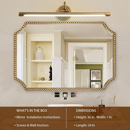 24"x36" Mirror for Wall, Scalloped Corners Rectangle Decorative Mirror, Metal Beaded Frame Accent Wall Decor for Bathroom, Entryway, Mantel, Antique Gold