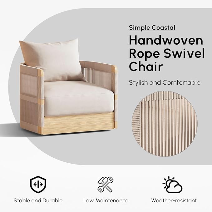 homary Outdoor Hand-Woven Rope Swivel Chair, 360 Degree Swivel Patio Chair, Hand-Woven Rope Outdoor Chair with Rainproof Cushion and Aluminum Frame for Garden, Balcony, Indoor, Khaki