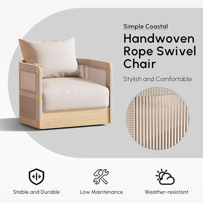 homary Outdoor Hand-Woven Rope Swivel Chair, 360 Degree Swivel Patio Chair, Hand-Woven Rope Outdoor Chair with Rainproof Cushion and Aluminum Frame for Garden, Balcony, Indoor, Khaki