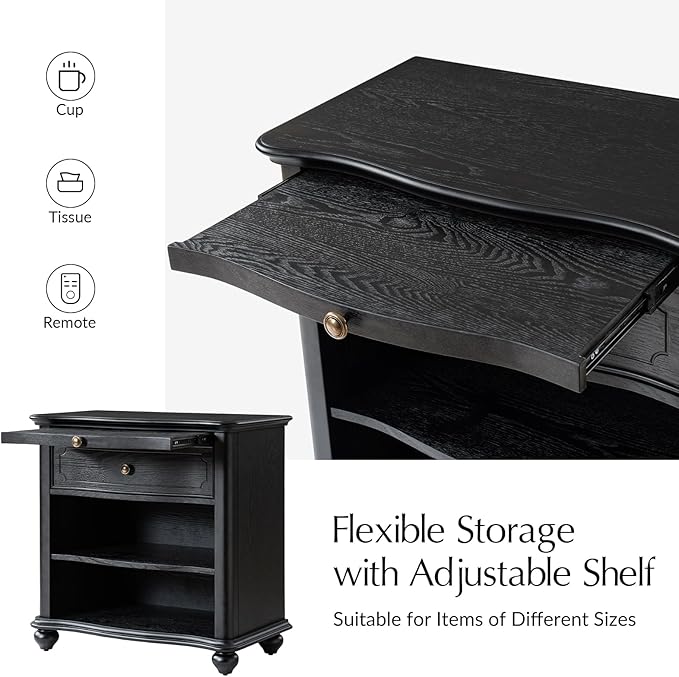 HULALA HOME Wooden Nightstand with Pull-Out Shelf, Mid Century Modern Nightstand with Solid Wood Drawers and Legs, Adjustable Storage, Black