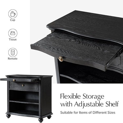 HULALA HOME Wooden Nightstand with Pull-Out Shelf, Mid Century Modern Nightstand with Solid Wood Drawers and Legs, Adjustable Storage Set of 2, Black