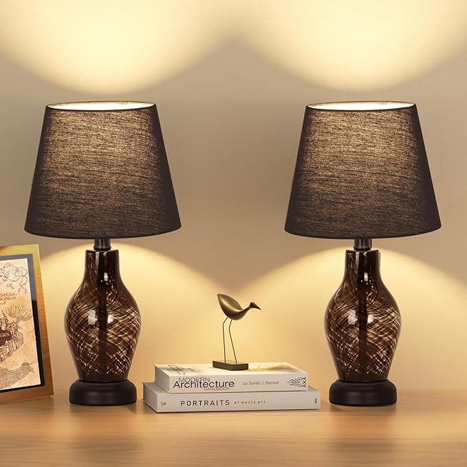 ONEWISH Small Table Lamp Set of 2, Wine Bottle Shape Glass Body, Warm Ambient Lighting, Bulb Included, 14" Height, Black