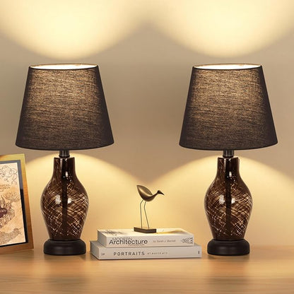 ONEWISH Small Table Lamp Set of 2, Wine Bottle Shape Glass Body, Warm Ambient Lighting, Bulb Included, 14" Height, Black