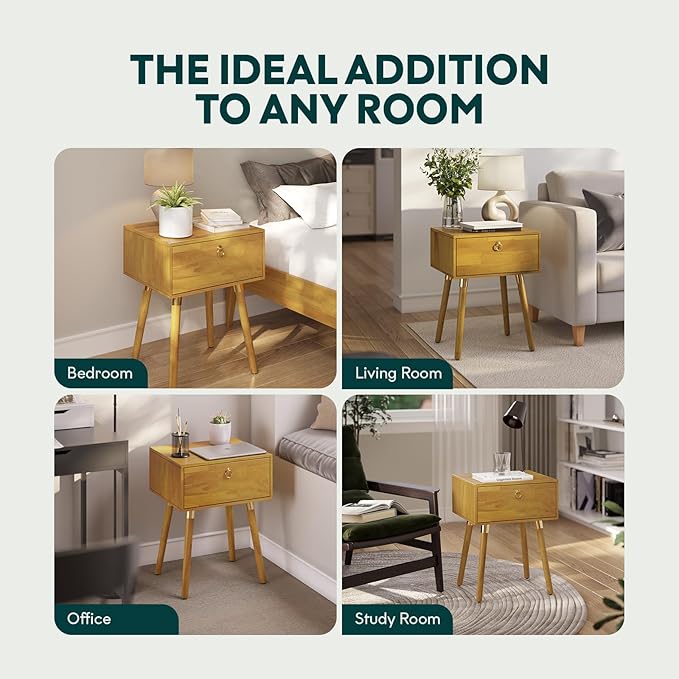 Bme Alden Wood Nightstand, Solid Wood End Table, Mid Century Modern Nightstand, Side Table with 1 Drawer, Compact for Bedroom, Living Room & Study Room, Easy Assembly, Golden Natural