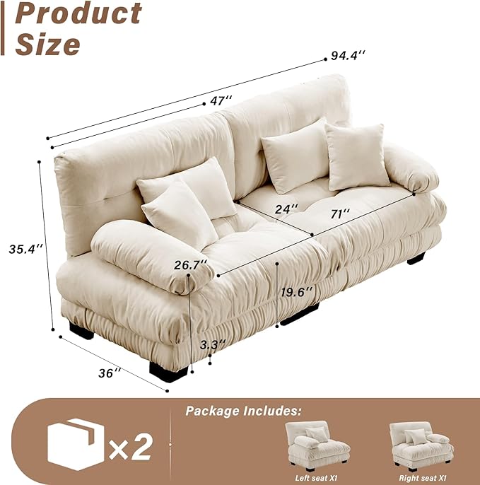 SoarFlash Modern Living Room Velvet Recliner Sofa, Loveseat Sofa for Apartment, Solid Wood Frame, Easy to Install (94.4 inch,Camel)