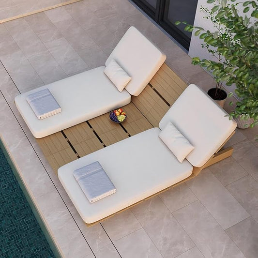 Acanva Set of 2 Patio Chaise Lounge Outdoor Chair with Comfy Cushion, Aluminum Reclining Outdoor Chairs with 5-Position Adjustable, for Poolside, Balcony, Yard, Teak+Light Khaki, 2 pcs
