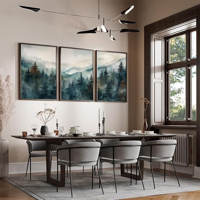 Foggy Forest Wall Art Prints Watercolor Mountain Canvas Wall Decor Landscape Nature Poster Wall Art Abstract Tree Pictures Artwork Modern Painting for Living Room Bedroom 24x36 Inch Unframed Set of 3